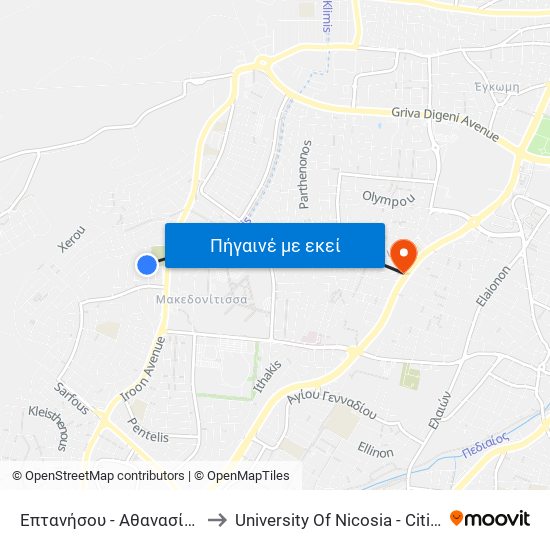 Επτανήσου to University Of Nicosia - Citizens Free University map