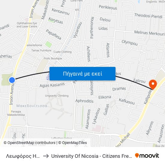 Λεωφόρος Ηρώων to University Of Nicosia - Citizens Free University map
