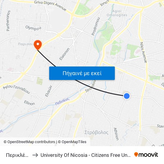 Περικλέους to University Of Nicosia - Citizens Free University map