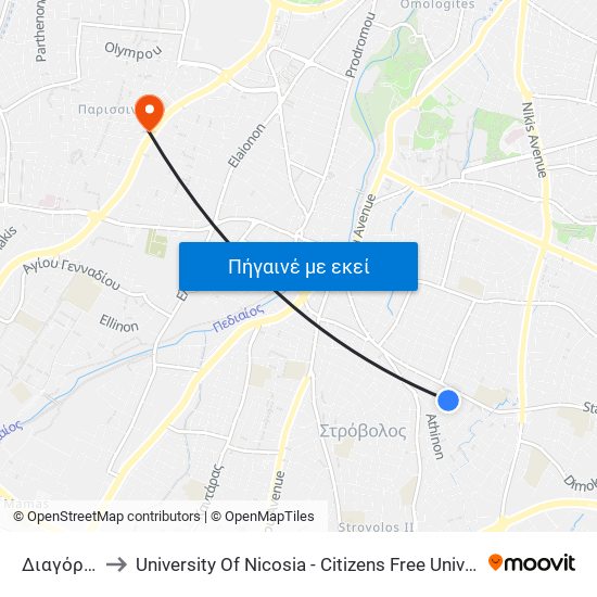 Διαγόρου to University Of Nicosia - Citizens Free University map