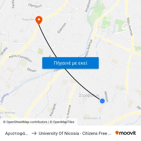 Αριστοφάνους to University Of Nicosia - Citizens Free University map