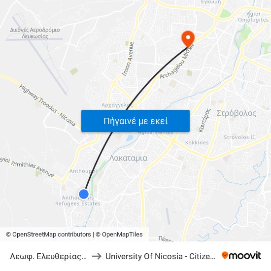 Λεωφ. Ελευθερίας - Ανδριανής to University Of Nicosia - Citizens Free University map