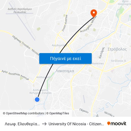 Λεωφ. Ελευθερίας - Ηρώων to University Of Nicosia - Citizens Free University map