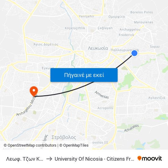 Λεωφ. Τζων Κένεντυ to University Of Nicosia - Citizens Free University map