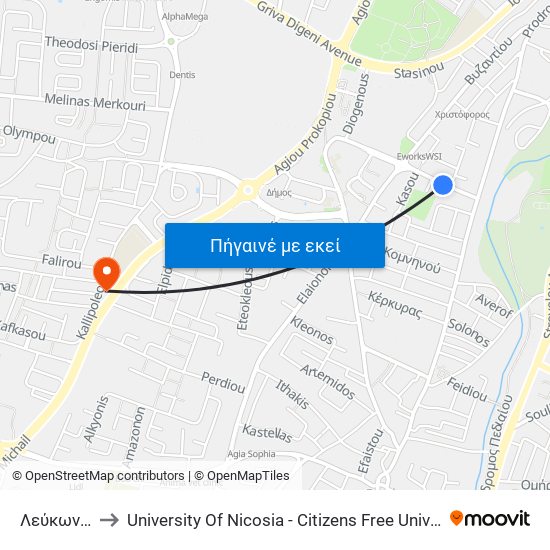 Λεύκωνος to University Of Nicosia - Citizens Free University map