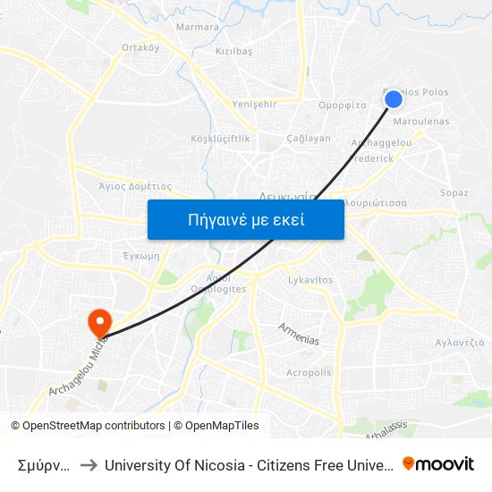 Σμύρνης to University Of Nicosia - Citizens Free University map