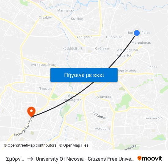 Σμύρνης to University Of Nicosia - Citizens Free University map