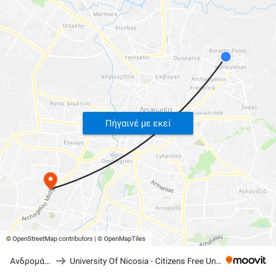 Ανδρομάχης to University Of Nicosia - Citizens Free University map