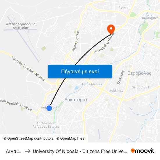 Αιγαίου to University Of Nicosia - Citizens Free University map