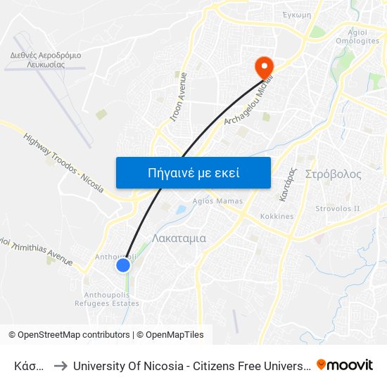 Κάσου to University Of Nicosia - Citizens Free University map