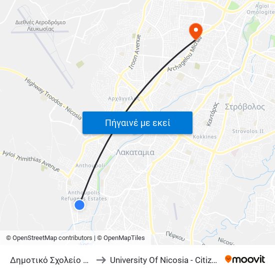 Δημοτικό Σχολείο Ανθούπολης 2 to University Of Nicosia - Citizens Free University map