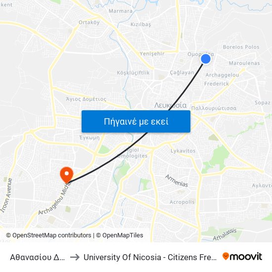 Αθανασίου Διάκου to University Of Nicosia - Citizens Free University map