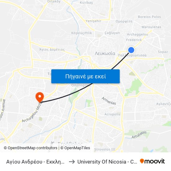 Αγίου Ανδρέου - Εκκλησία Ευαγγελίστριας 1 to University Of Nicosia - Citizens Free University map