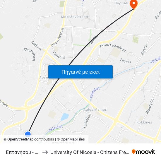 Επτανήσου to University Of Nicosia - Citizens Free University map