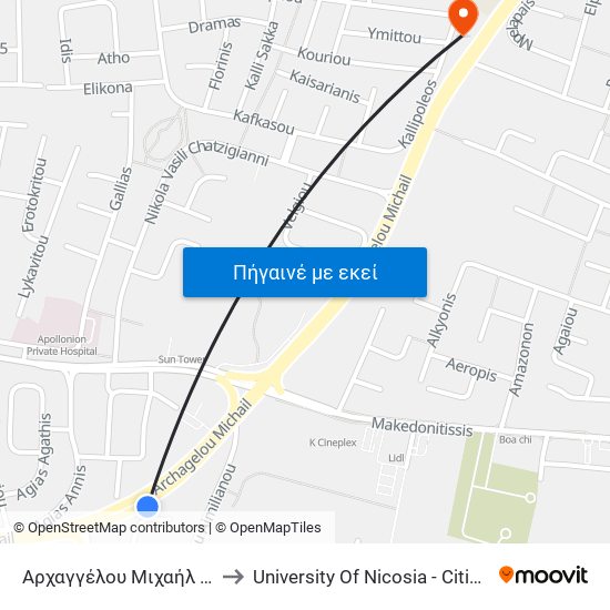 Αρχαγγέλου Μιχαήλ - Αγίου Αλεξίου to University Of Nicosia - Citizens Free University map