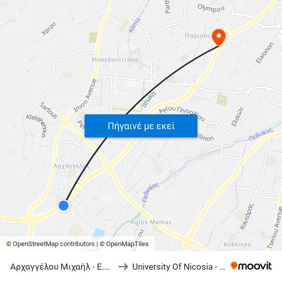 Αρχαγγέλου Μιχαήλ - Ε.Ο. Λευκωσίας - Τροόδους to University Of Nicosia - Citizens Free University map