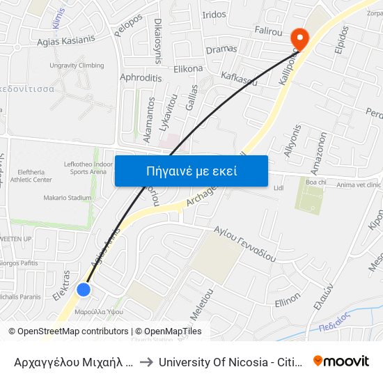 Αρχαγγέλου Μιχαήλ - Λίμνη Μαγκλη to University Of Nicosia - Citizens Free University map