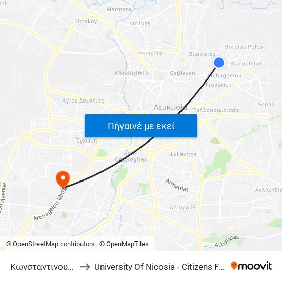 Κωνσταντινουπόλεως to University Of Nicosia - Citizens Free University map