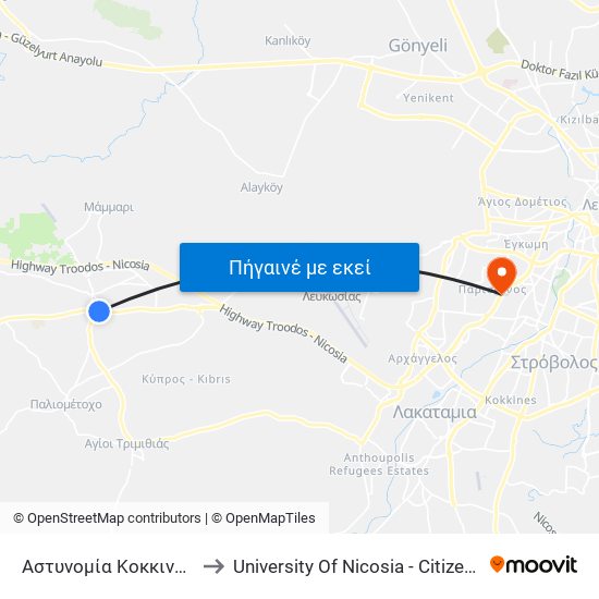 Αστυνομία Κοκκινοτριμιθιάς 1 to University Of Nicosia - Citizens Free University map