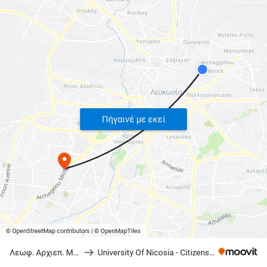 Λεωφ. Αρχιεπ. Μακαρίου Γ to University Of Nicosia - Citizens Free University map