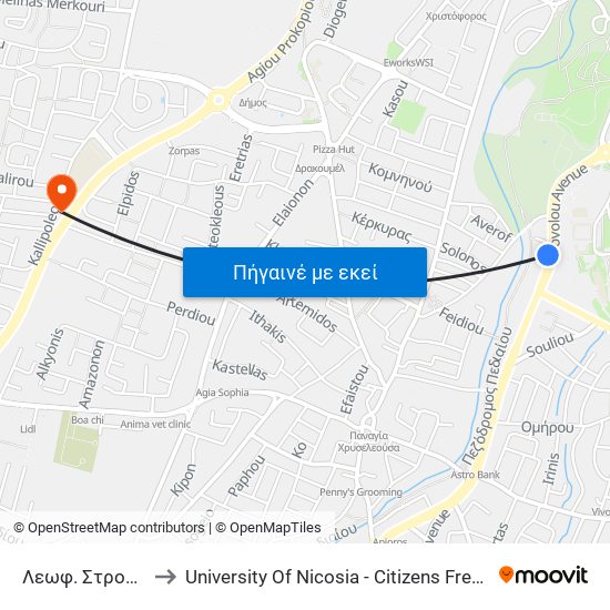Λεωφ. Στροβόλου to University Of Nicosia - Citizens Free University map