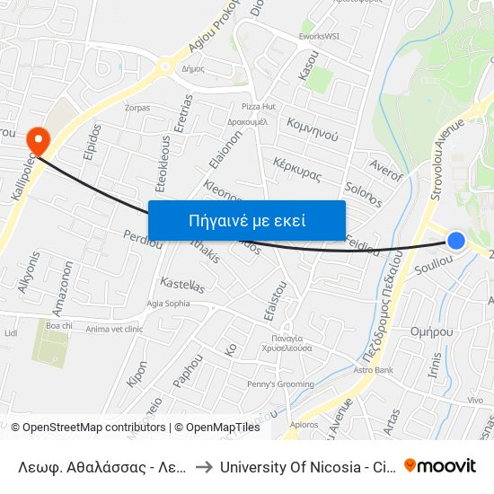 Λεωφ. Αθαλάσσας - Λεωφόρος Στροβόλου to University Of Nicosia - Citizens Free University map