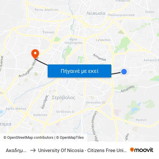 Ακαδημίας to University Of Nicosia - Citizens Free University map