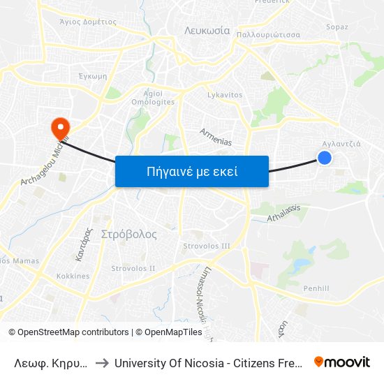 Λεωφ. Κηρυνείας to University Of Nicosia - Citizens Free University map