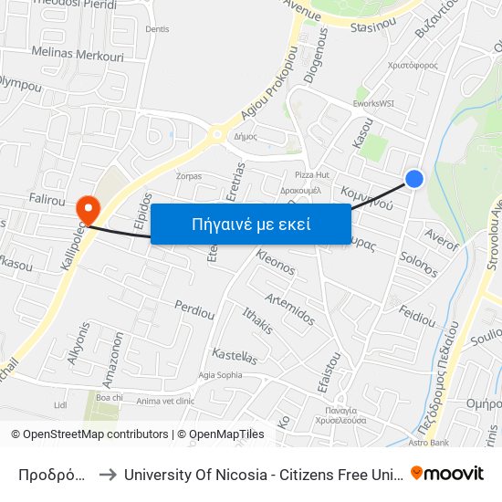 Προδρόμου to University Of Nicosia - Citizens Free University map