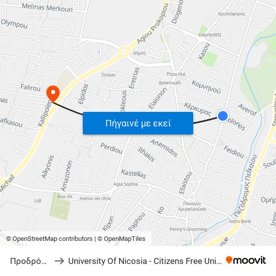 Προδρόμου to University Of Nicosia - Citizens Free University map