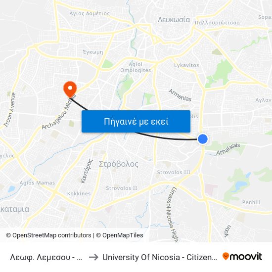 Λεωφ. Λεμεσου - Καλησπέρα to University Of Nicosia - Citizens Free University map