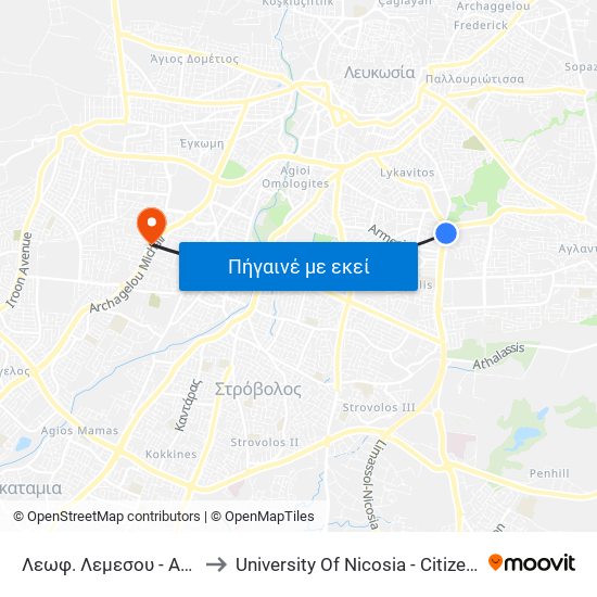 Λεωφ. Λεμεσου - Αλφα Τράπεζα to University Of Nicosia - Citizens Free University map