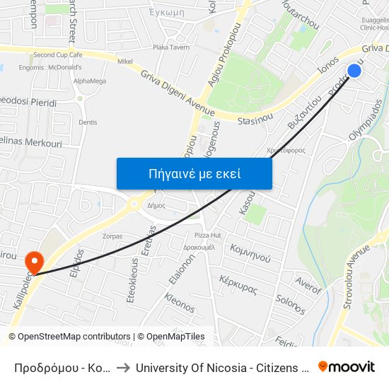 Προδρόμου to University Of Nicosia - Citizens Free University map