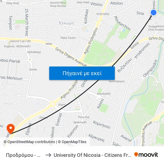 Προδρόμου - Φωτίου to University Of Nicosia - Citizens Free University map