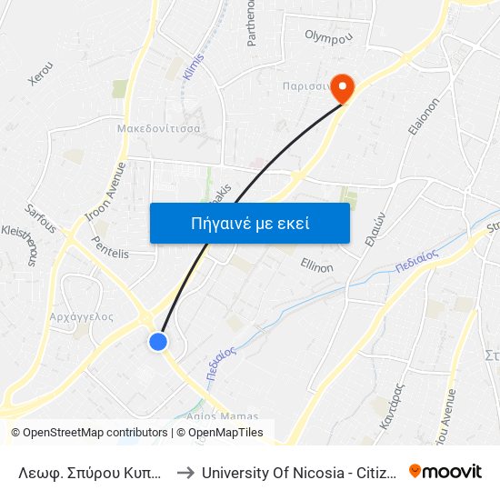 Λεωφ. Σπύρου Κυπριανού - Αποελ to University Of Nicosia - Citizens Free University map