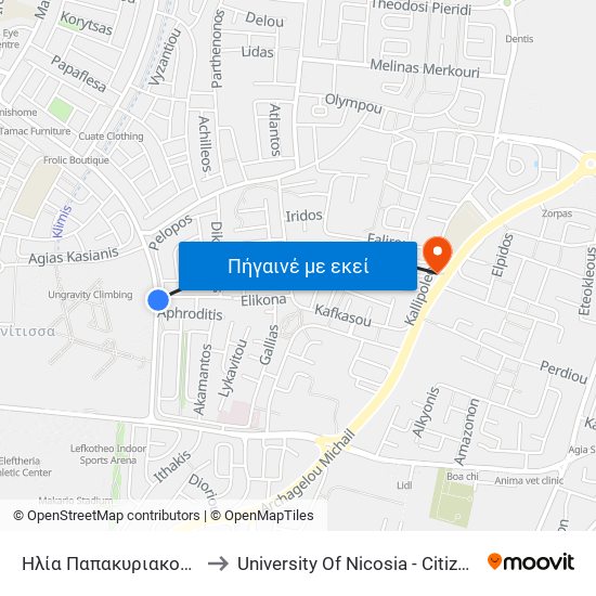 Ηλία Παπακυριακού - Αφροδίτης to University Of Nicosia - Citizens Free University map