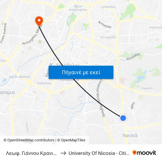 Λεωφ. Γιάννου Κρανιδιώτη - Τζίντζερ to University Of Nicosia - Citizens Free University map