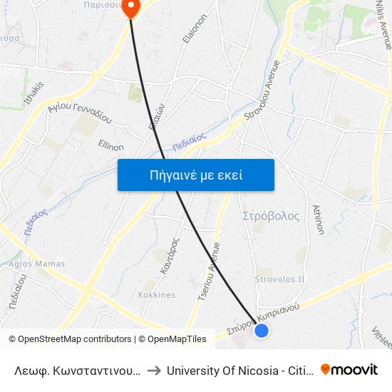 Λεωφ. Κωνσταντινουπόλεως to University Of Nicosia - Citizens Free University map