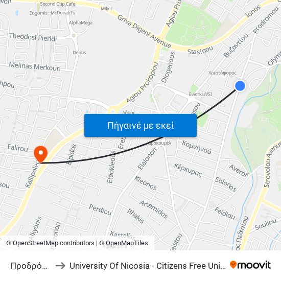 Προδρόμου to University Of Nicosia - Citizens Free University map