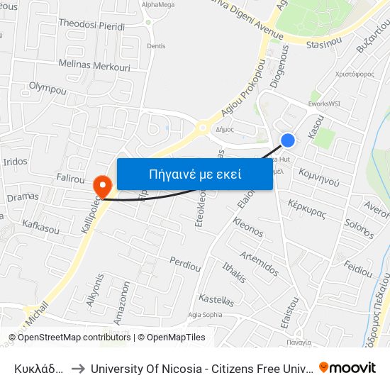 Κυκλάδων to University Of Nicosia - Citizens Free University map