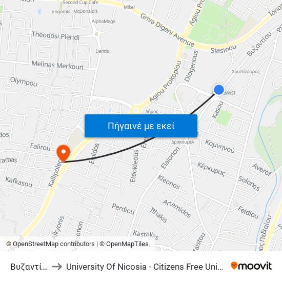 Βυζαντίου to University Of Nicosia - Citizens Free University map