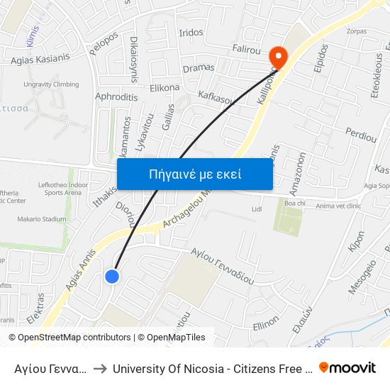 Αγίου Γενναδίου to University Of Nicosia - Citizens Free University map