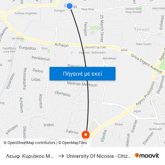 Λεωφ. Κυριάκου Μάτση - Γραβιάς to University Of Nicosia - Citizens Free University map