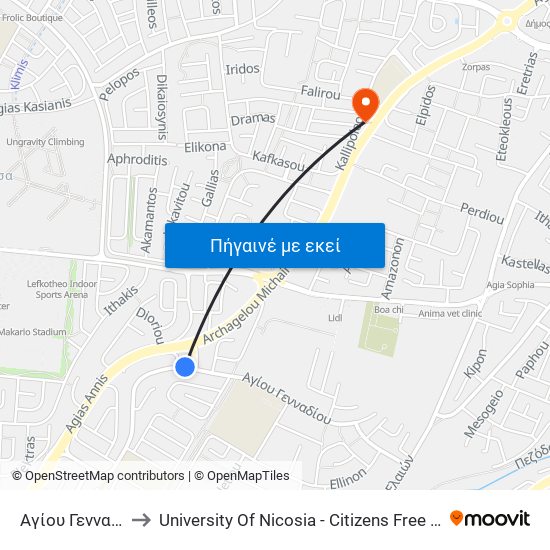 Αγίου Γενναδίου to University Of Nicosia - Citizens Free University map