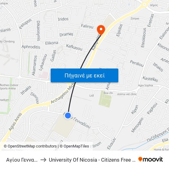 Αγίου Γενναδίου to University Of Nicosia - Citizens Free University map