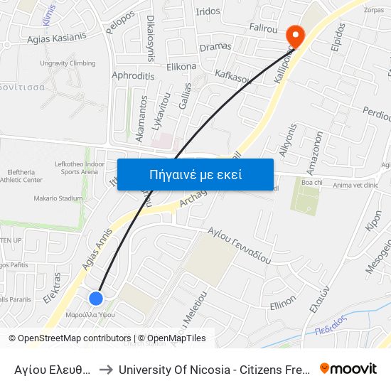 Αγίου Ελευθερίου to University Of Nicosia - Citizens Free University map