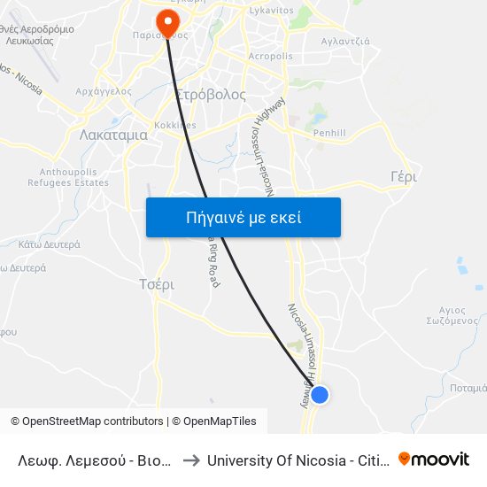 Λεωφ. Λεμεσού - Βιομηχανική Ιδαλίου to University Of Nicosia - Citizens Free University map