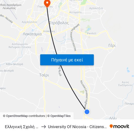 Ελληνική Σχολή Φόρουμ 1 to University Of Nicosia - Citizens Free University map