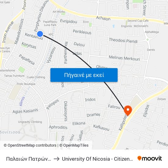 Παλαιών Πατρών Γερμανού to University Of Nicosia - Citizens Free University map