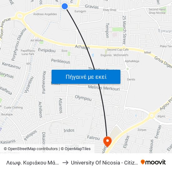 Λεωφ. Κυριάκου Μάτση - Coca Cola to University Of Nicosia - Citizens Free University map